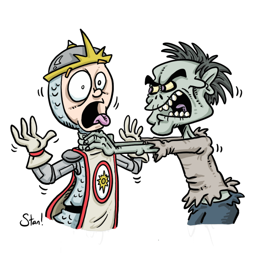 A paladin being strangled by a zombie